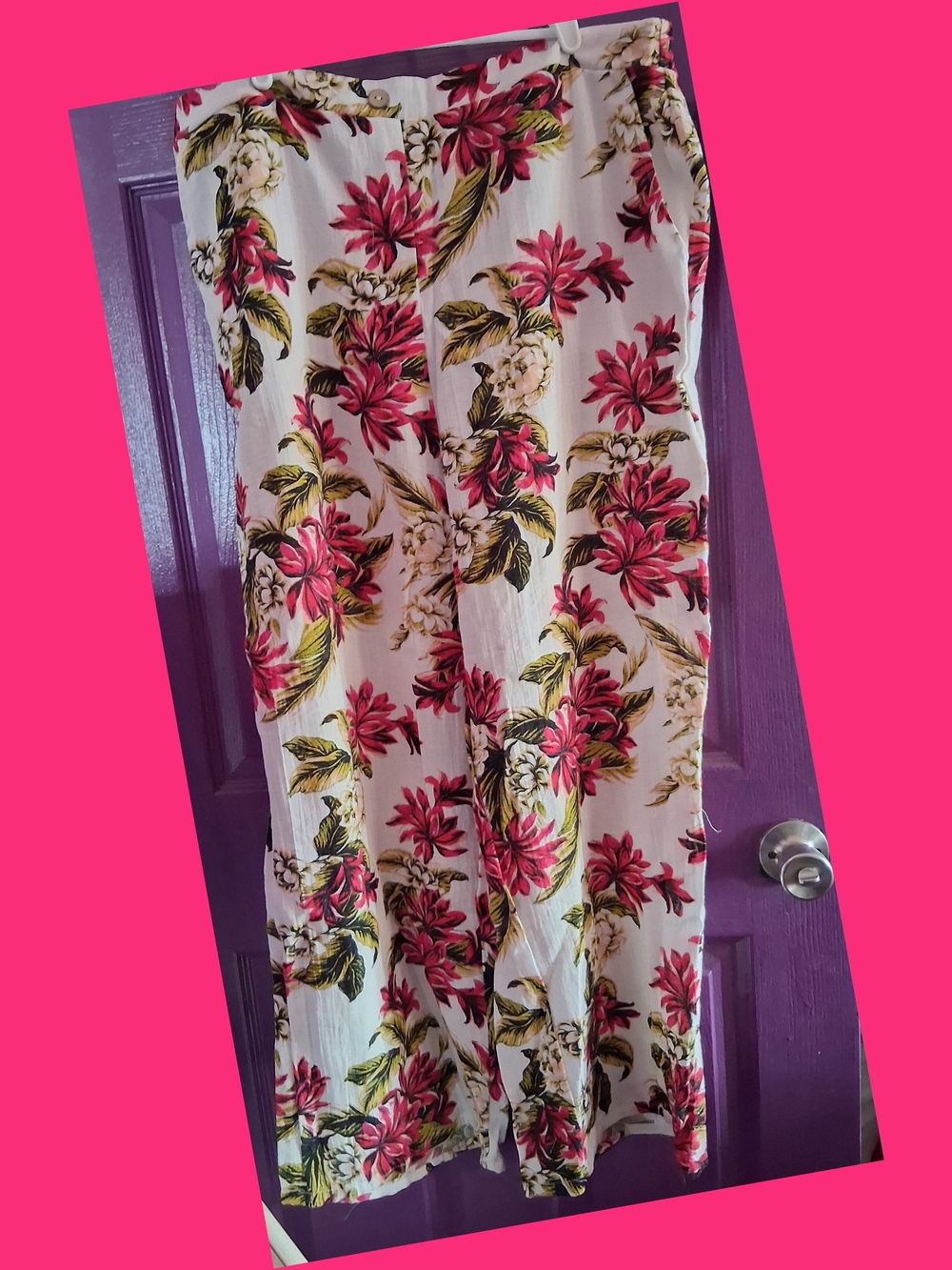 Floral Wide-Leg Women's Pants in White and Pink
